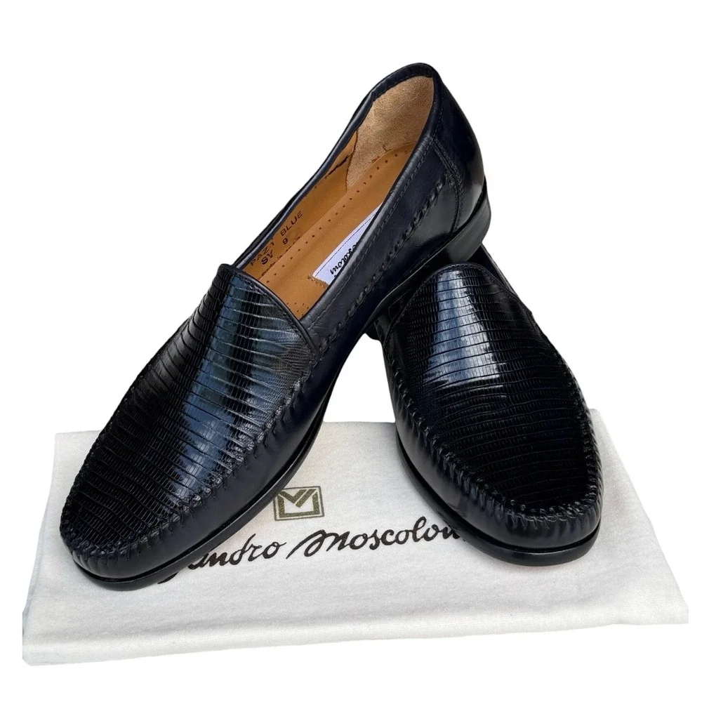 Sandro Moscoloni La Paz-1 Navy Blue Lizard Embossed Leather Loafers Mens 9D EU42